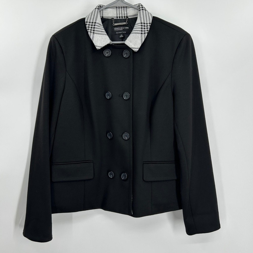 Jones New York Collection Women 16 Black Double Breasted Blazer Plaid Collar